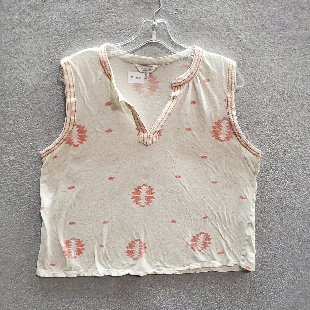 Lucky‎ Brand Women Top Large Cream Geometric Crop Sleeveless V Neck Pullover